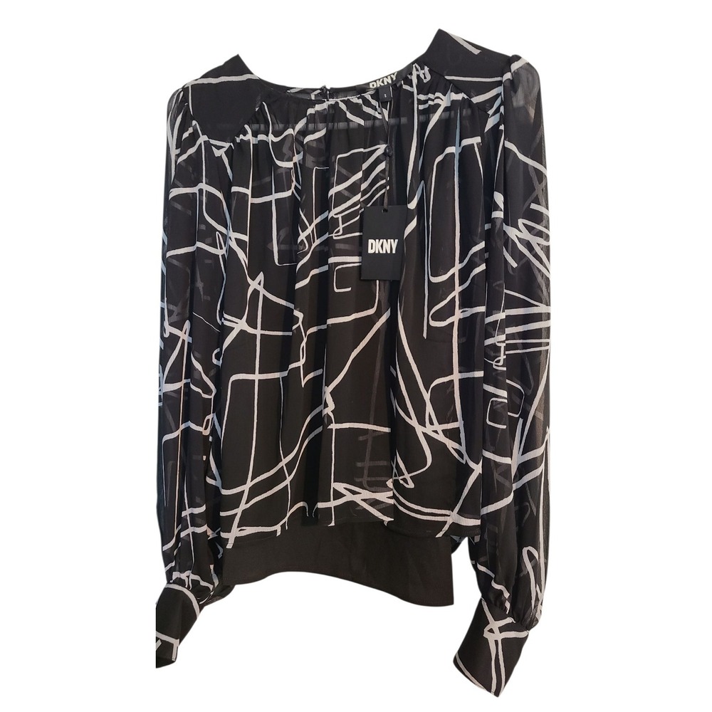 DKNY Black/White Sheer over Tank Round Neck Blouse Top Womens Size Small